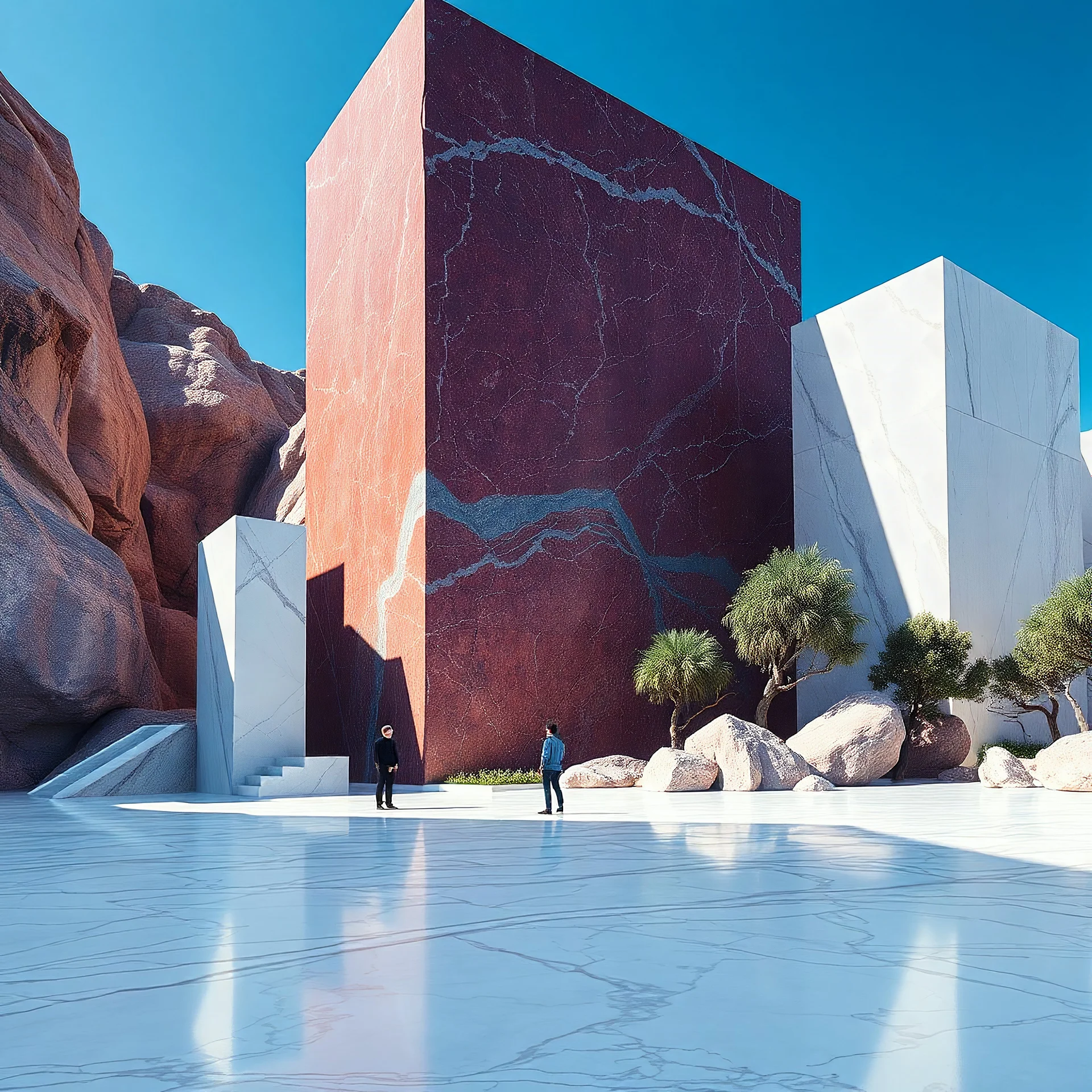 Un'immagine di un paesaggio naturale surreale con pareti di marmo rosso e blu, imponenti, accanto a strutture artificiali. Queste strutture sono blocchi rettangolari riflettenti, che creano un contrasto tra il naturale e l'artificiale. Elementi brutalisti enormi si ergono solitari. Persona osserva. bianco con venature e solchi. Alberi. La scena trasmette un senso di dialogo tra elementi organici. Dettagli delle rocce molto accentuati. Pavimento di marmo. Cielo blu. Fastidioso