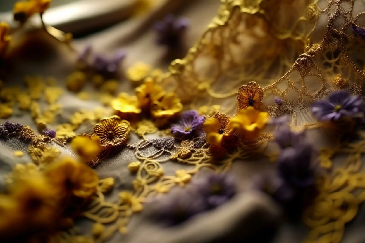 Lace embroidered with gold and lilac silk thread, flowers, melting watercolor and black ink outlines on wet paper, soft, shading strokes, in sunshine, ethereal, otherwordly, cinematic postprocessing, bokeh, dof