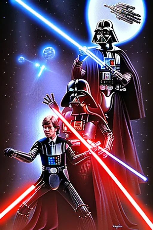 Darth Vader battling Luke Skywalker with lighsabres, while C3PO and R2D2 look on in horror.