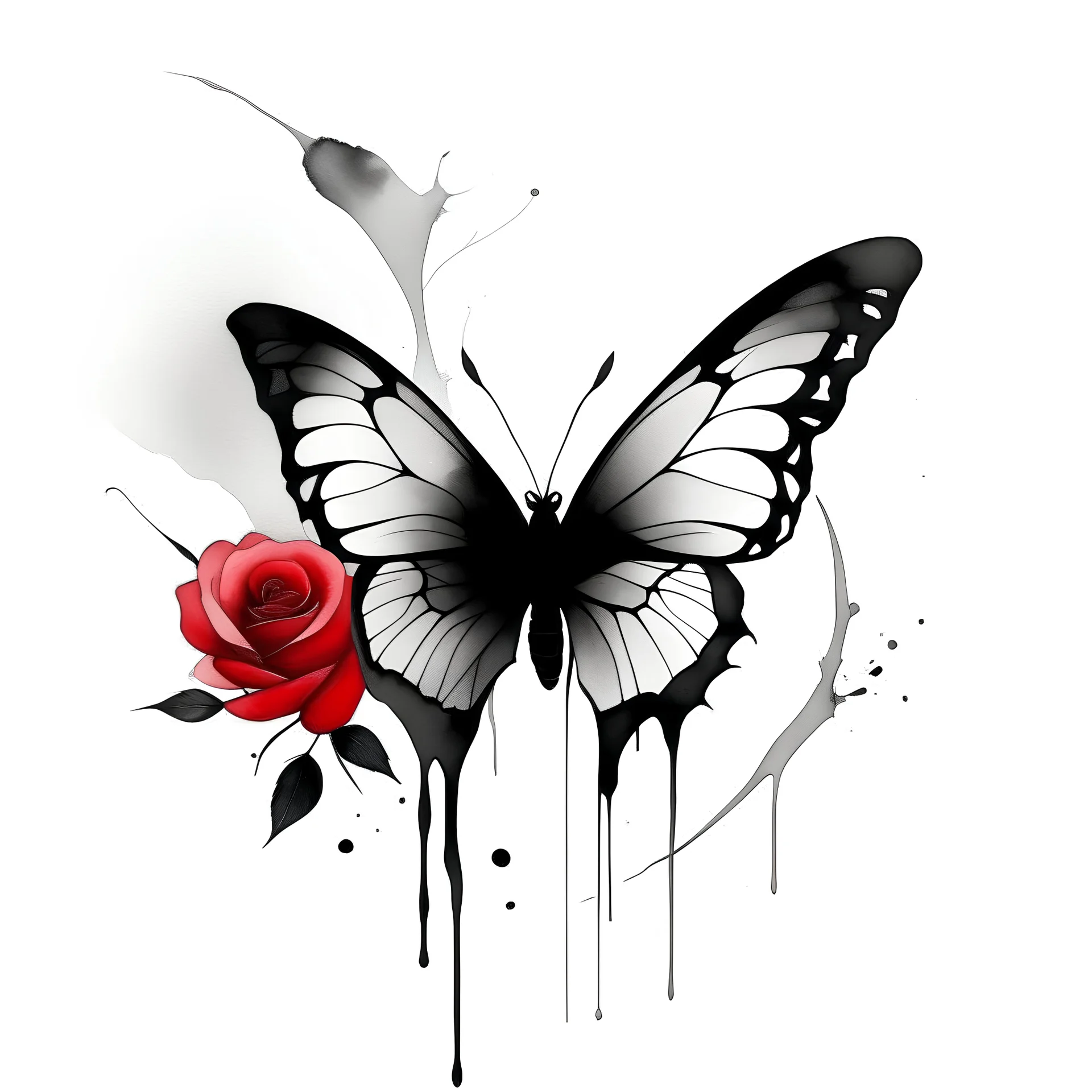 Craft an illustration intricately blending the modern minimalist ink art style of Li Huasheng. Depict a butterfly on a rose silhouette with clean lines, capturing simplicity, charm, and the beauty of nature. Style tag: Modern Minimalist Ink Art. , conceptual art, illustration