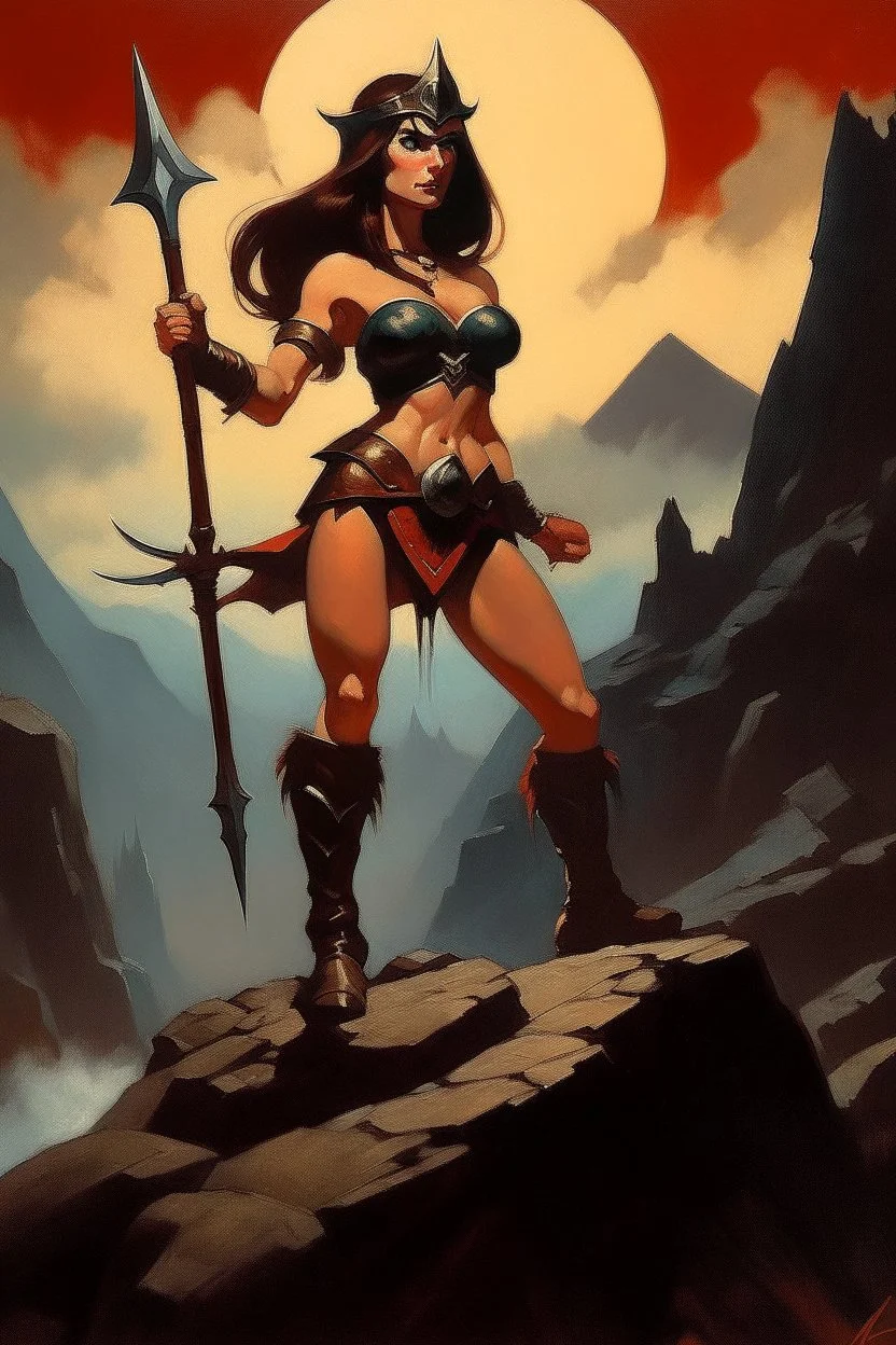 1970's dark fantasy cover dnd style oil painting of a pinup barbarian witch in a minimalist far perspective.