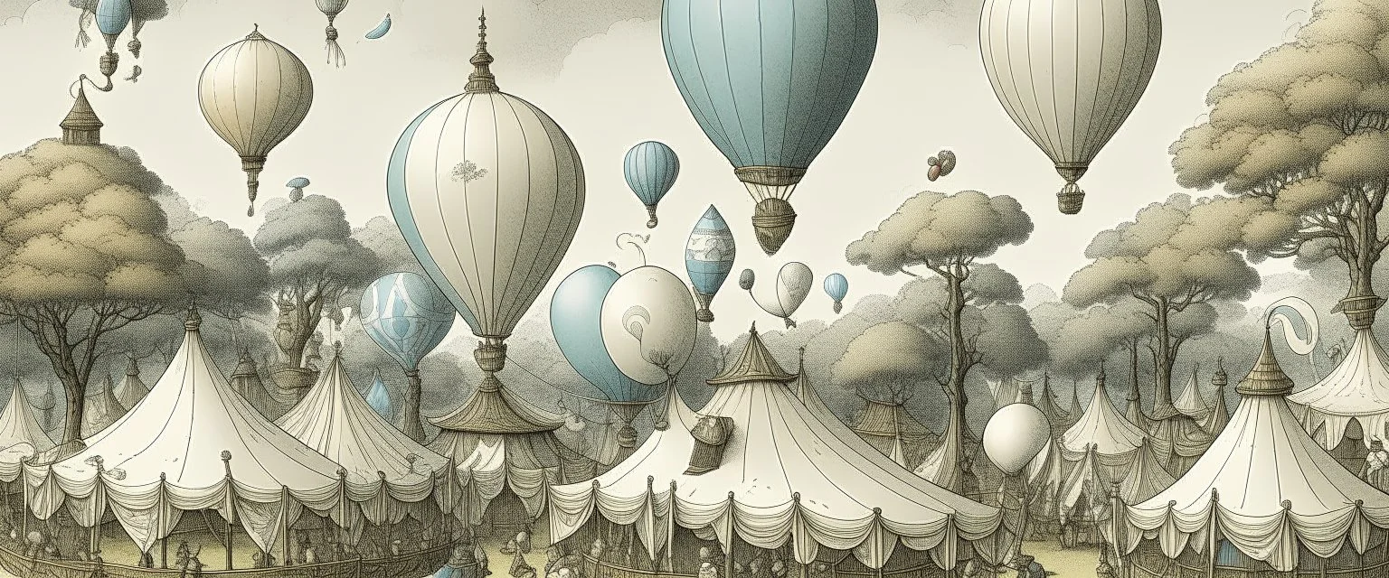 A pale bluish white medieval fair with balloons designed in Maori sculptures painted by Utagawa Hiroshige