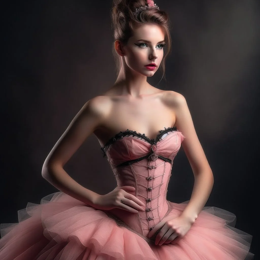 Model with pink corset, tulle skirt