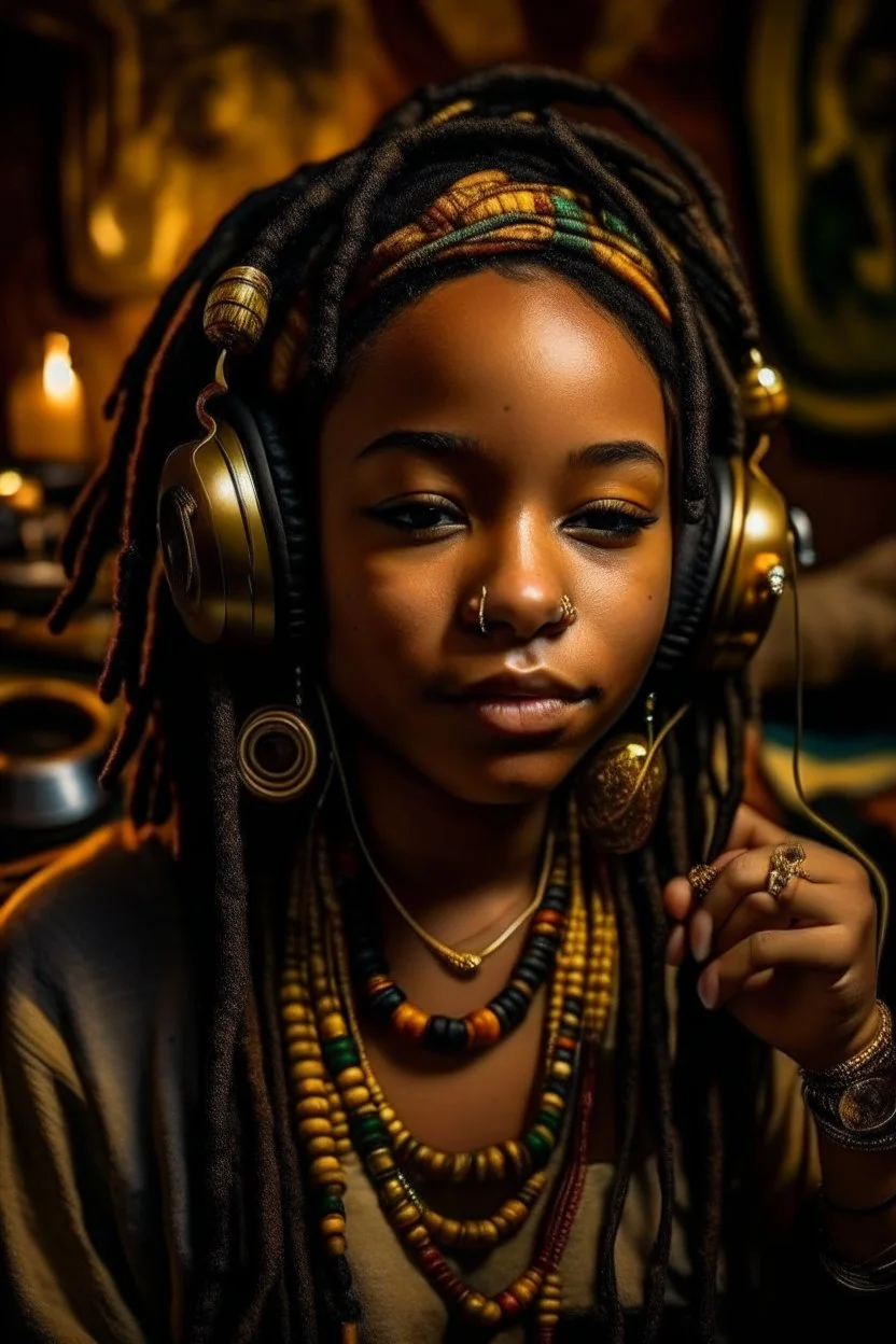 earthy black young woman listening to music with small old school headphones, soul, peace, majestic, earthy colours, at peace, happy, incense, jewels, bands, natural, old school headphones, blasian eyes, incense, very dark skin, crystals, gold arm bands, locs with beads, mouth slightly open, full lips with liner, baby hairs