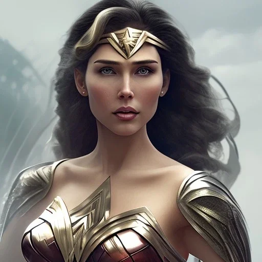 Wonder woman posing in front of a mirror holding a large sword, futuristic design, a paradise in background, close-up face, geometric armor, female face, 3d unreal engine, black face, close up armor, church detail, lovely face