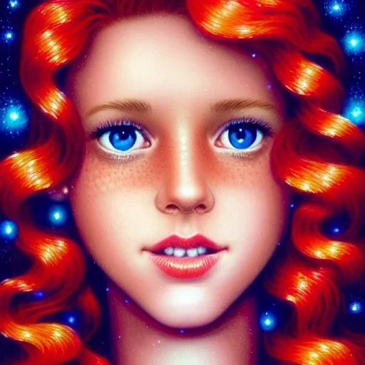 young adult Robyn Lively, her striking perfectly detailed clear eyes, her perfect, precisely detailed lightly freckled face, meticulously detailed long curly multi-hued ginger carrot cherry fire red hair, luminous colorful sparkles; by james r. eads, gawki, rajewel, tania rivilis, dan mumford, lisa frank, artgerm, greg rutkowski, alphonse mucha and william-adolphe bouguereau; glitter, airbrush, octane render, volumetric lighting, 16k, photorealistic digital painting