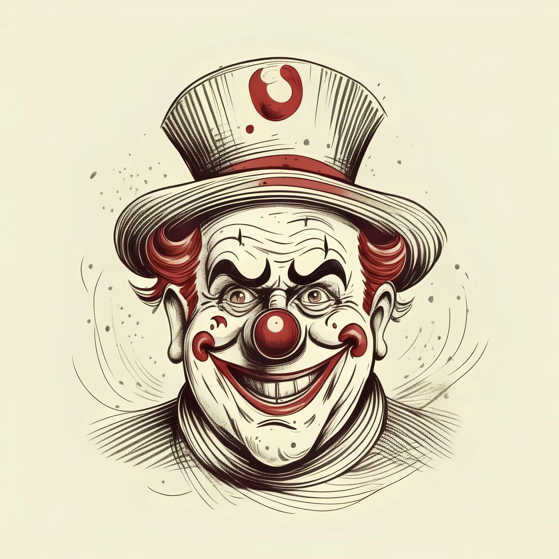 ilustración con pocos trazos del rostro de payaso de circo vintage sonriendo