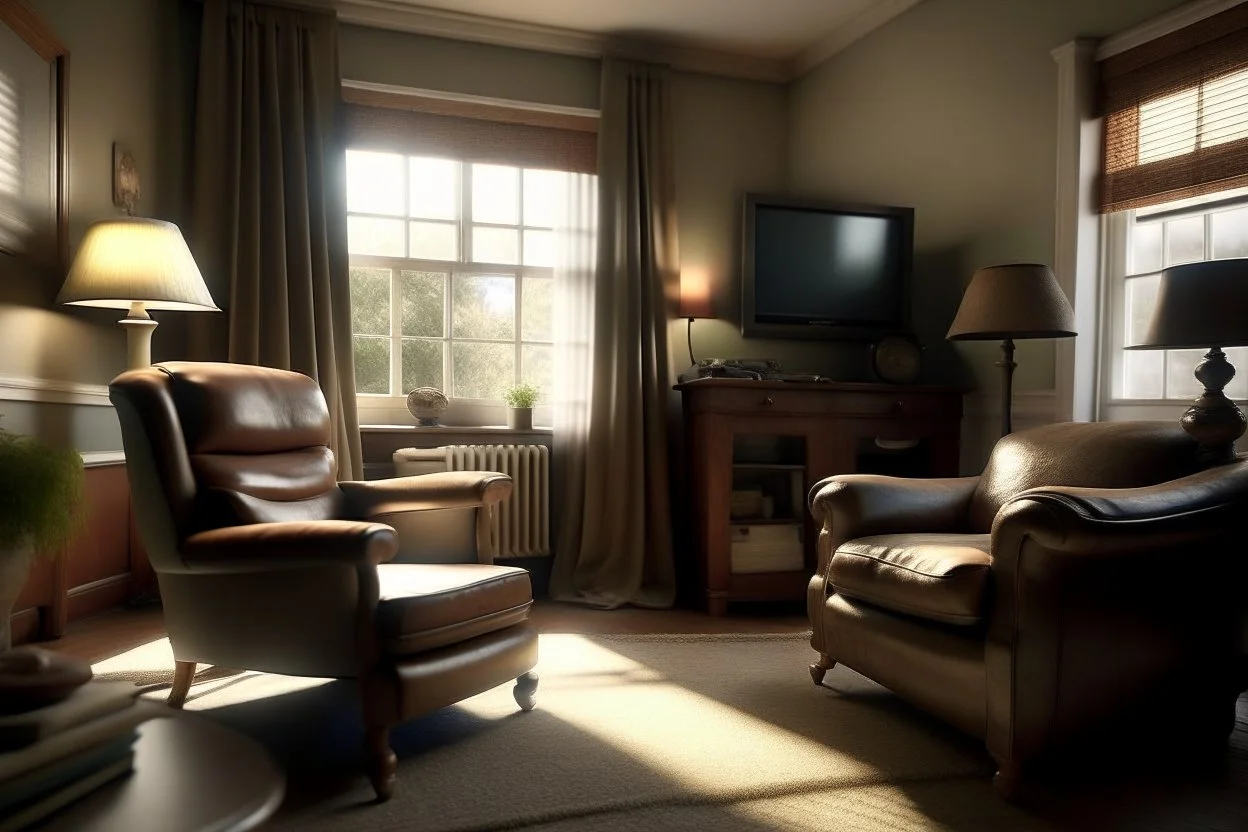 Photorealistic wide shot of an old woman's living room. Tidy and sparsely furnished with a well-loved leather recliner, sidetable and older tv. The recliner faces the tv. A small stool on wheels sits beside the tv. There is an open window with open drapes. The drapes appear to be hand sewn and tidy.