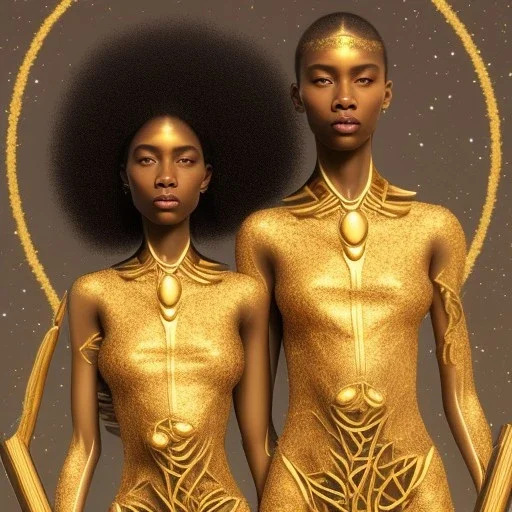 Biologically Female African American Twins, black skin, tall and slender, long afro kinky hair,big brown eyes, long eyelashes warrior wear. Big butts. Gold accents on clothing. Surround by trees. Holding golden spears. Starry night