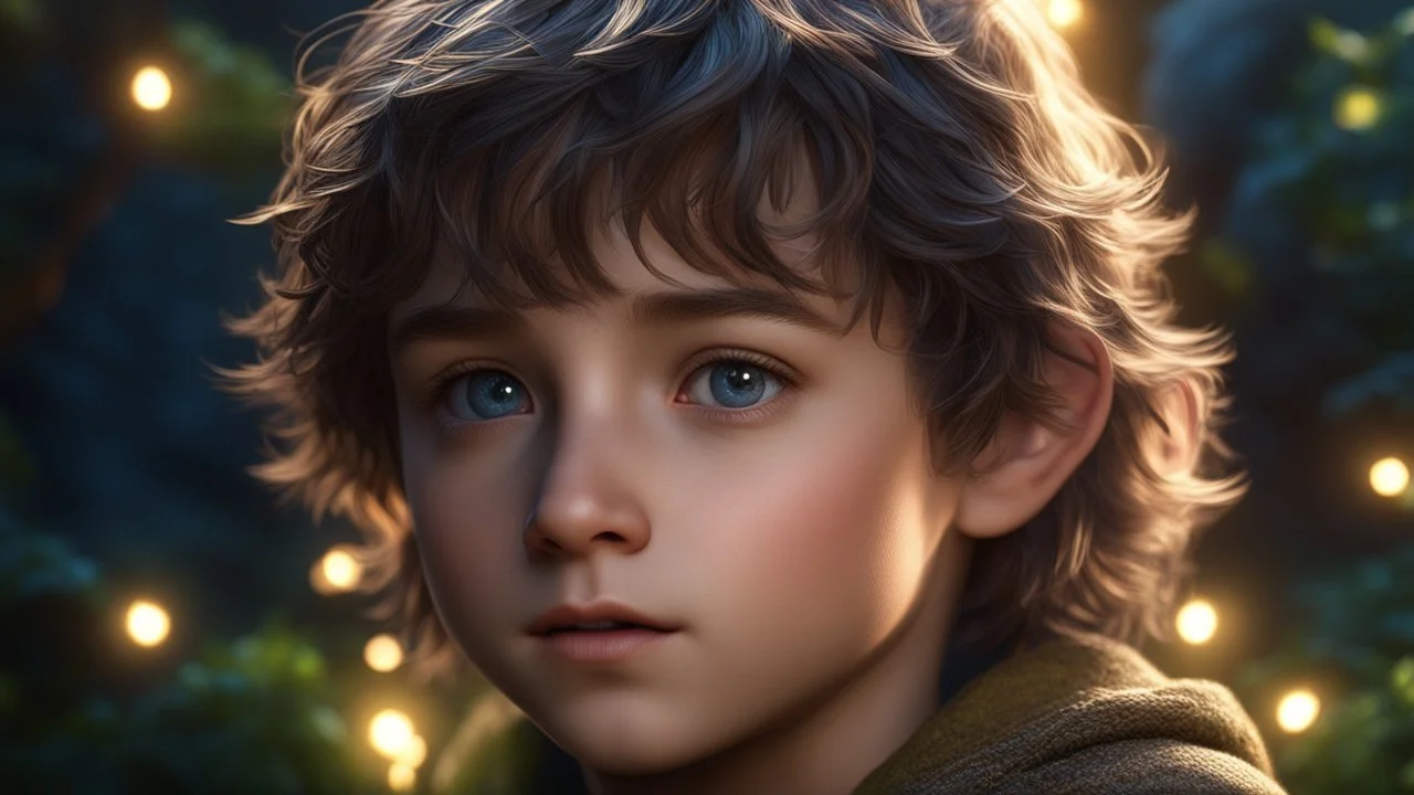 49216. little hobbit boy, head and shoulders and chest, perfect eyes, fireflies, darkness, exquisite composition, thoughtful, self-assured, confident, beautiful, peaceful, kind, beautiful detailed intricate insanely detailed octane render trending on artstation, 8k artistic photography, photorealistic concept art, soft natural volumetric cinematic perfect light, chiaroscuro, award-winning photograph, masterpiece, raphael, caravaggio, greg rutkowski, beeple, beksinski, alma tadema, Bouguereau