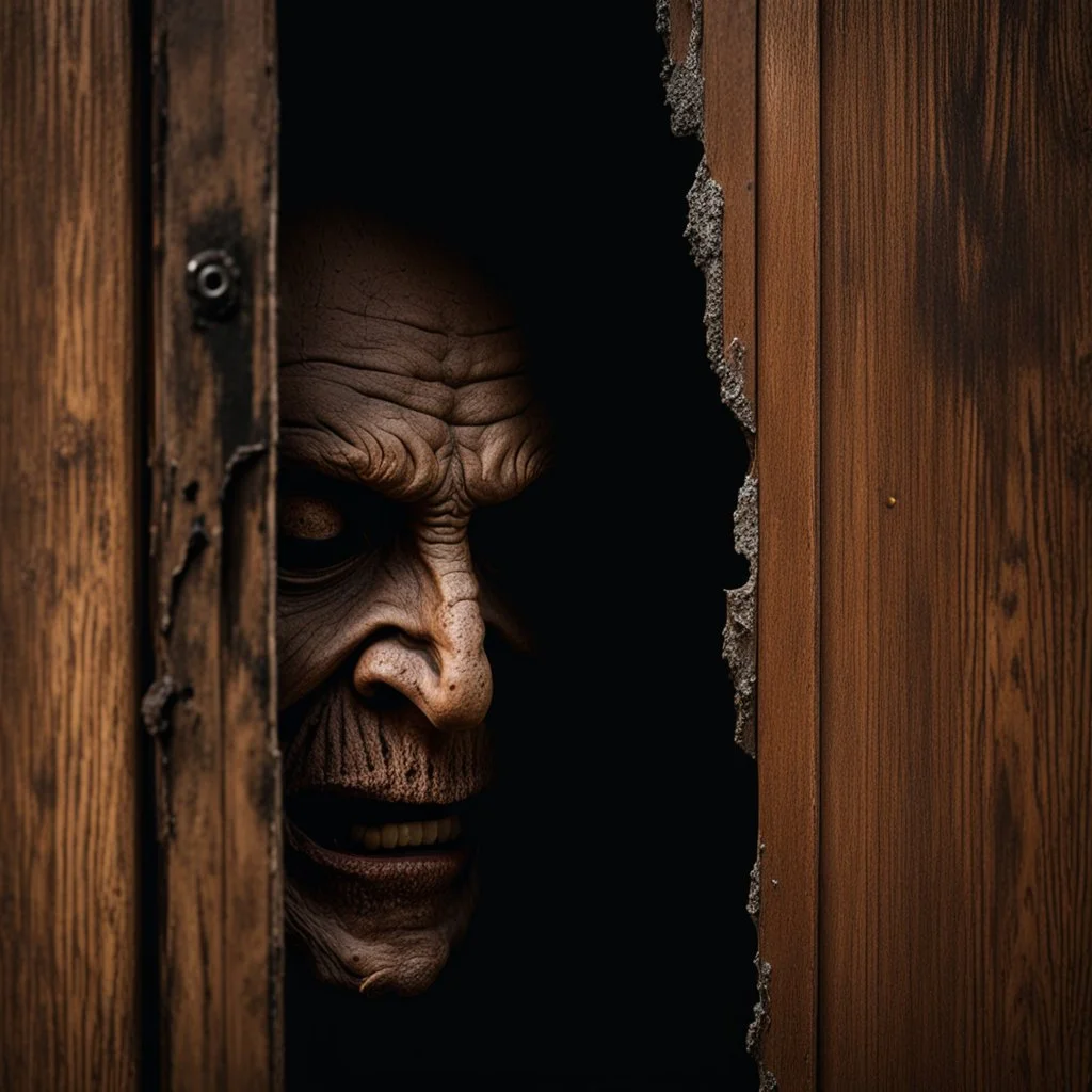 Close up of wooden door cracked open on other side an unsettling ghoulish decayed face stares back, horror photography by Joshua Hoffine and Rick Jones, photorealistic, zombiecore, creepy, uneasy, eerie dark colors, heavy shadows