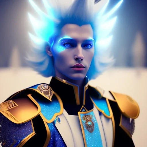 Handsome galactic knight, glitter blue and white prince suit with jewels, blond hair, blue eyes, cinematic lights, unreal engine 5, 4k, high details