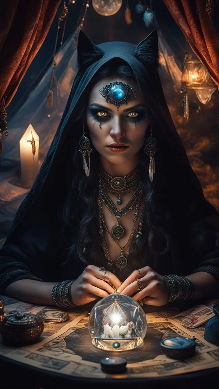 Hyper Realistic photographic-view of Wicked-&-Beautiful-Fortune-teller-with-glowing-ref-eyes wearing black-beed-necklace-&-bracelet angrily Looking at her crystal-ball glowing magically & sitting in her tent with a horrifying-black-cat at dark-night decorated with fancy-traditional-feathers-&-tarot-cards showing dramatic & cinematic ambiance"