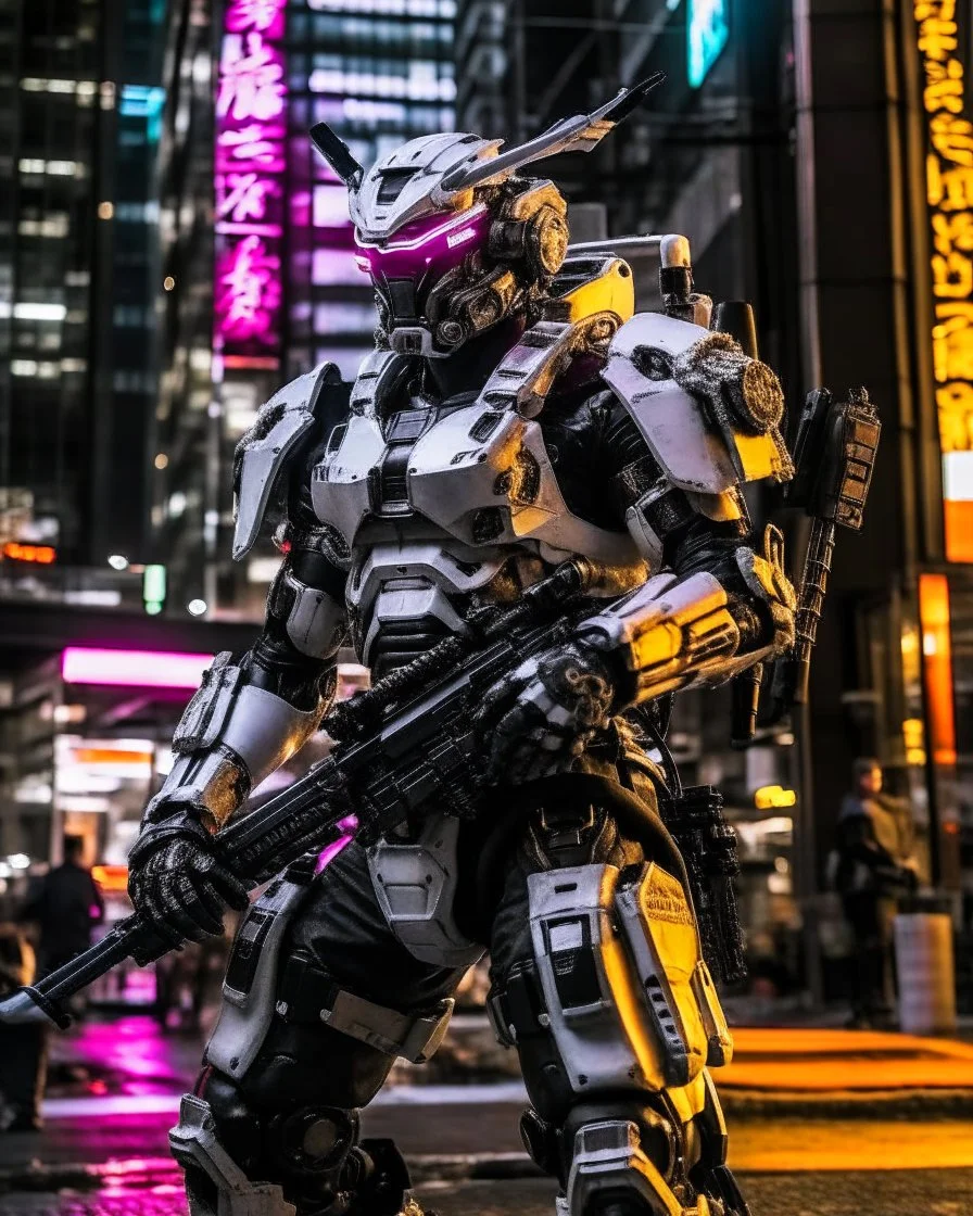 Naturalistic film style, natural light, film grain, cyberpunk mecha suit samurai and officer in armor suit posing aggressively with assault rifle. The character makes it's presence in the middle of a busy downtown boasting white armor and black skeletal body armor with bright neon lights detailing the bodies contours and exoskeletal outline.