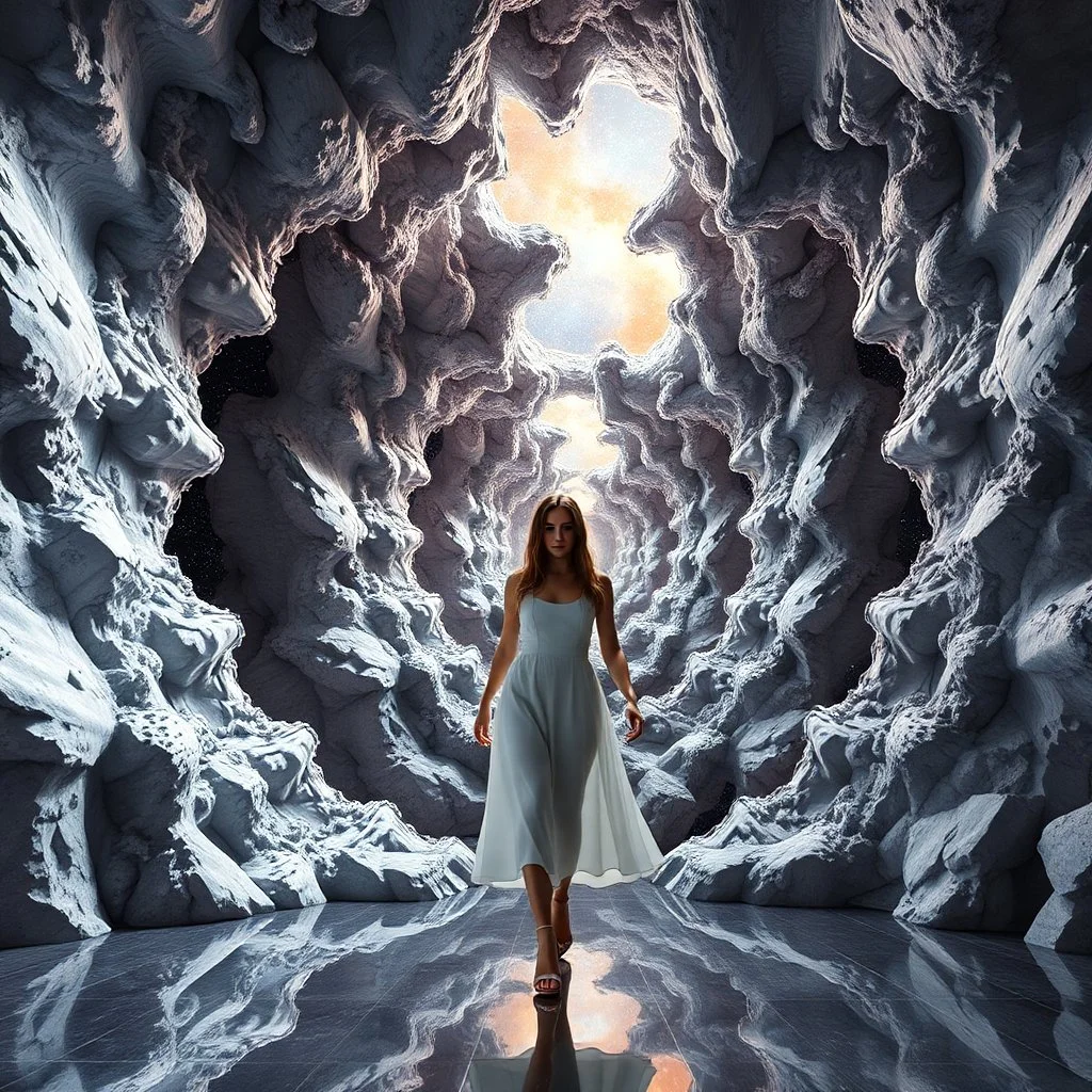 A full-body shot of a beautiful lady walking and looking at the camera 3D fractal interstellar world.3d recursive geometrical structure environment