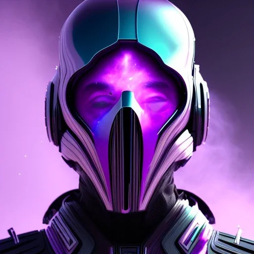 futuristic purple masked villain in galaxy, teal and purple smoke, detailed, realistic, 4k