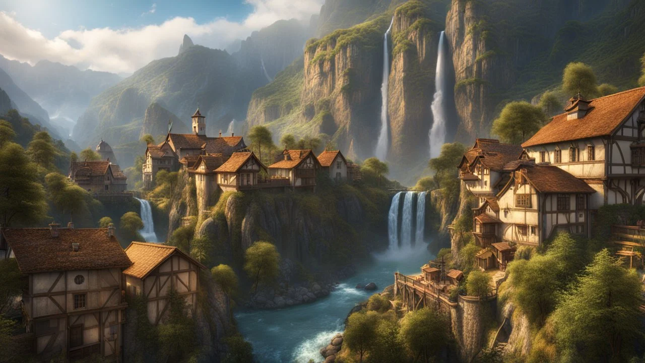 a small medieval town at the foot of multiple waterfalls. a steep, narrow, tall cliff valley. a masterpiece, fantasy concept art, dynamic lighting, hyperdetailed, intricately detailed, deep color, Unreal Engine, volumetric lighting, Epic cinematic brilliant stunning intricate meticulously detailed dramatic atmospheric maximalist digital matte painting