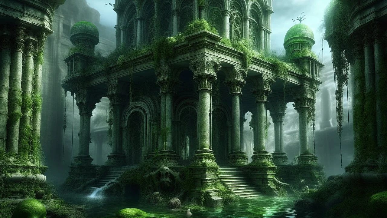 Abandoned mansion rising from contaminated rock, alien fungi covering classical columns, stagnant pool with bubbling mercurial liquid, garden statues melting from pollution, windows oozing greenish goo, architectural structure fusing with toxic crystals, Lovecraftian biomechanical style