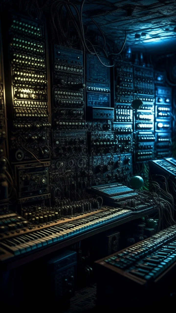 Si-Fi, The permanent under atmospheric lighting effects, a whole wall filled with synthesizers and electronic devises . intricate historical moody atmosphere, eerie grimdark ambiance, complex motherboard accents, speculative fiction art. Bokeh