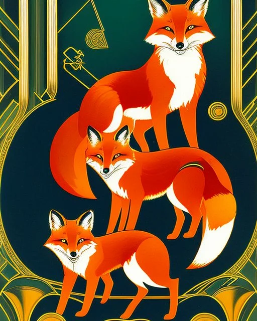 Drawing of two art deco foxes ultra quality