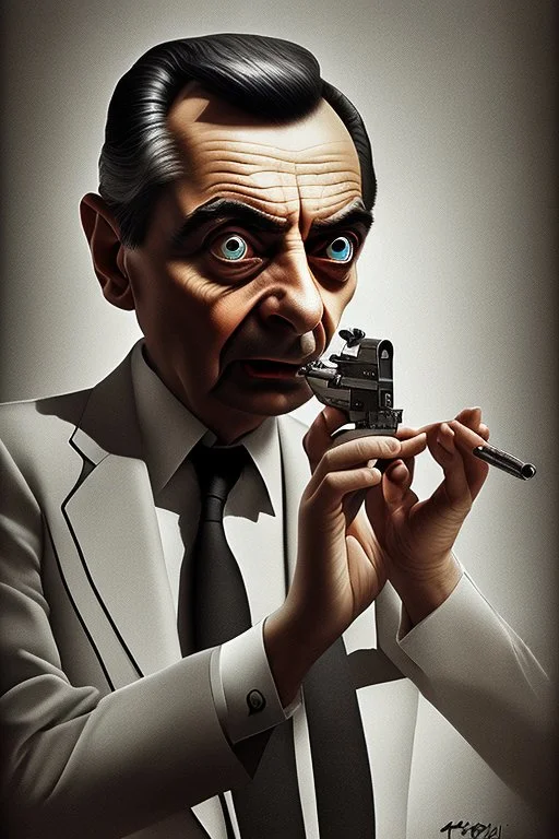 mr bean as the mafia godfather, concealed weapon, 4k, trending art, weird perspective, realism, spray paint, detailed