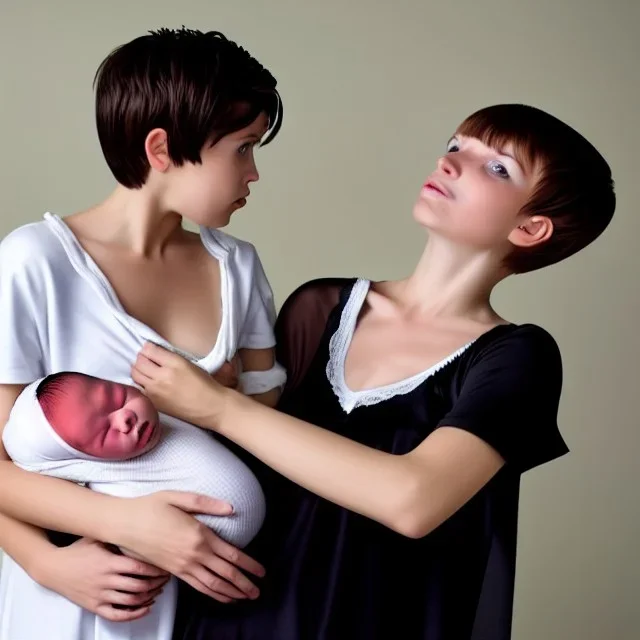 Russian tomboy boyish boylike short man's haircut boyish features in black girlish nightgown mommy in hospital with newborn baby