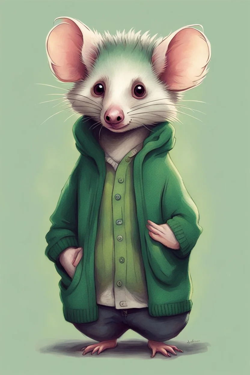 Green opossum wearing cardigan cute art