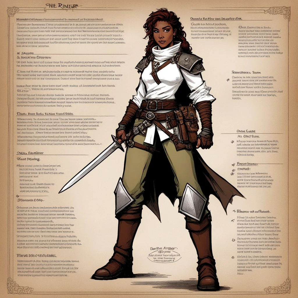 character concept sheet with AD&D statistics and characteristics, [illustration by Kevin Eastman and Peter Laird] she is a ranger: like a second skin of dark magic. Clad in a white tunic, brown pants, and a leather belt with mysterious pouches, her silver dagger in hand.
