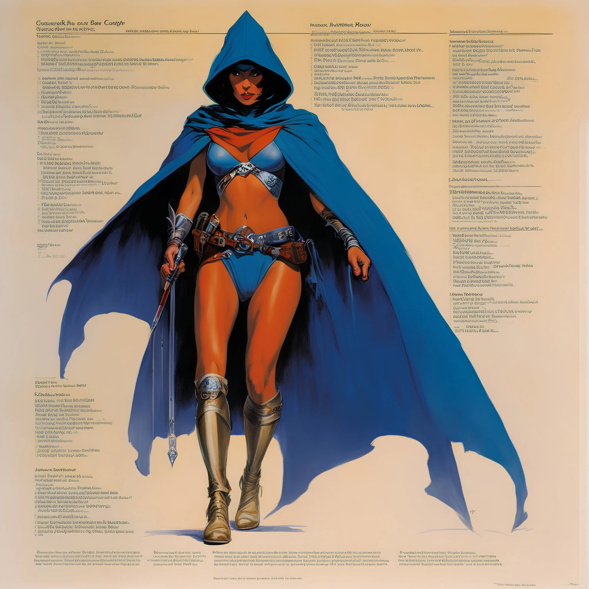 ConceptSheet [by Bruce Pennington]: woman thief and her magic cape with AD&D statistics