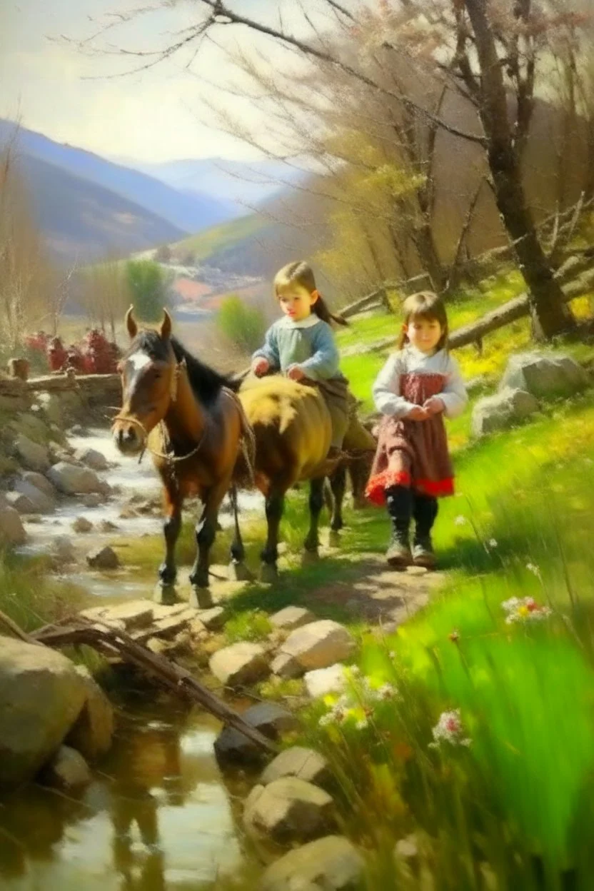 Spring in skåbu, sun, close up portrait of cute children walking in mountains by stream, horse, broken old tractor, prize winning oil painting