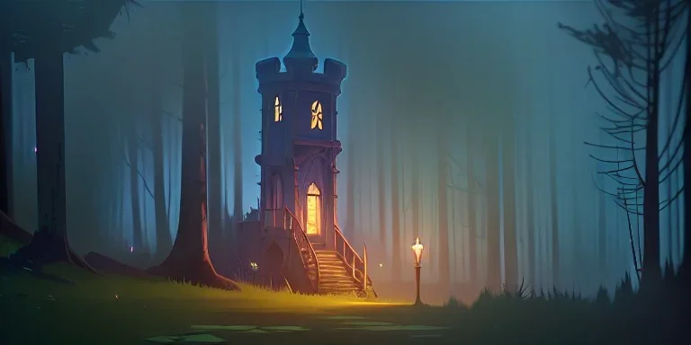 Ruined abandoned overgrown small castle tower in a dense coniferous forest, night, misty, atmospheric, fireflies