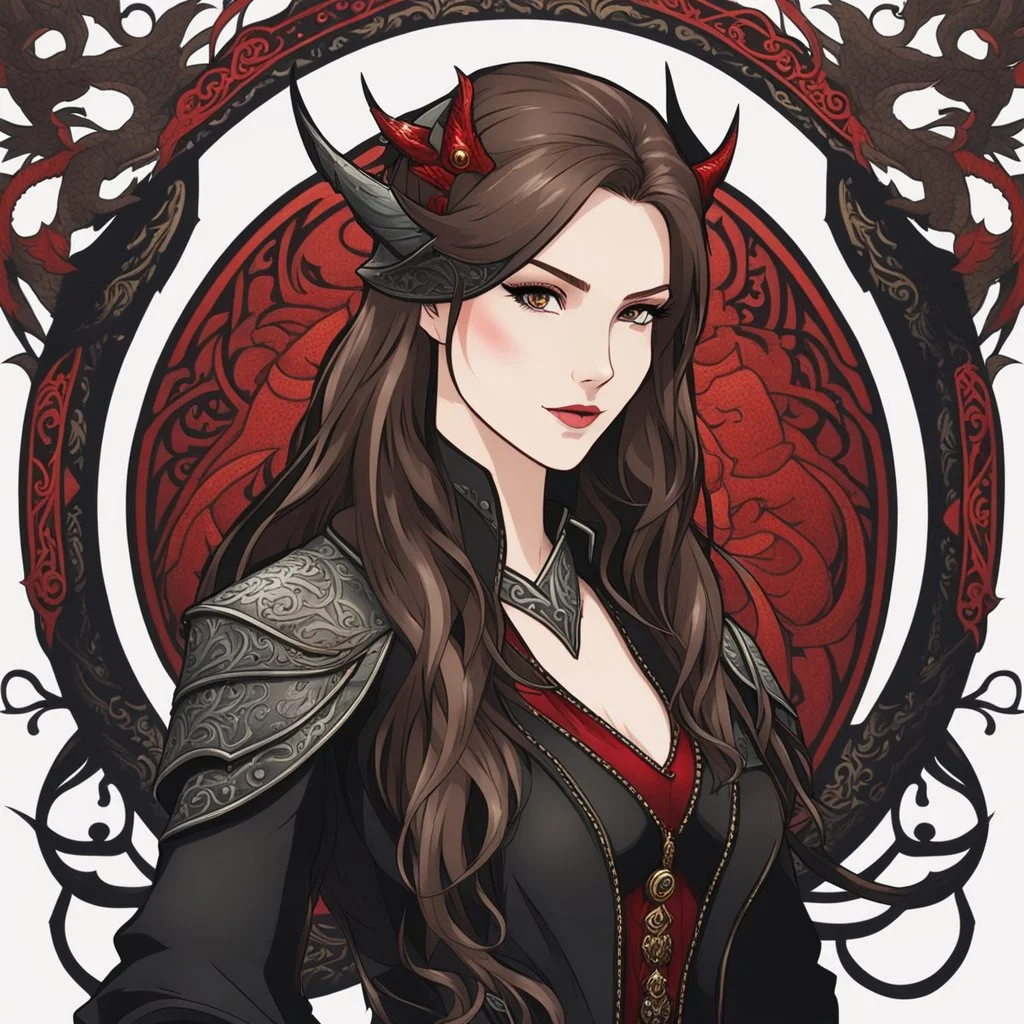 Icon or avatar. An arrogant looking young woman with pale skin and long brown hair in a fantasy setting with intricate details. She is smirking, wearing black and read leather, has red eyes, an air of malevolent power surrounds her. There is a dragon flying in the background. Anime style. High definition.