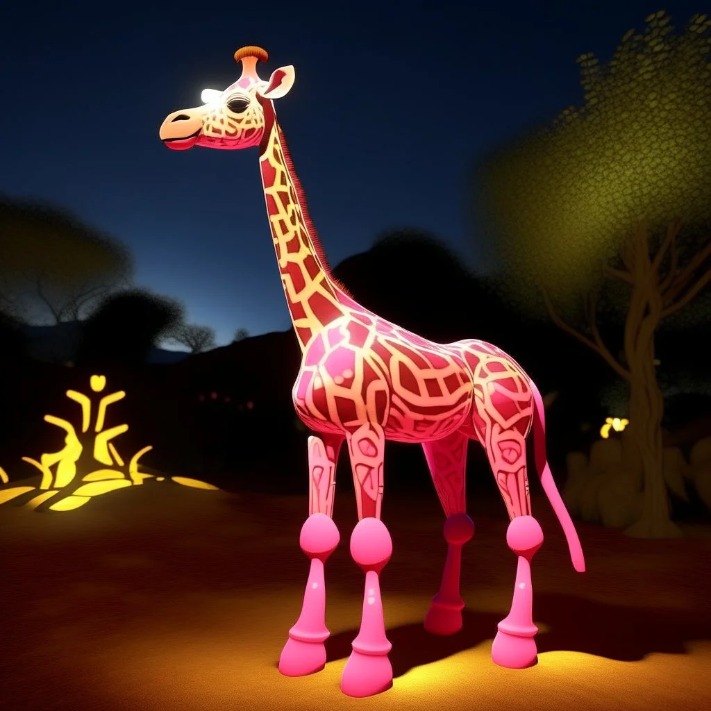 A pink light elemental giraffe designed in native American petroglyphs painted by Georges Seurat