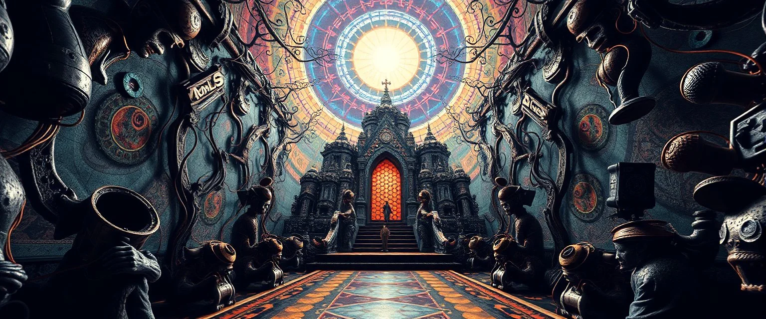 weird perspective portrait, with background in the style of escher and giger, a chill contrapunctus fugue in the style of fsol, beethoven, goa trance breaks, dancefloor drum and bass,