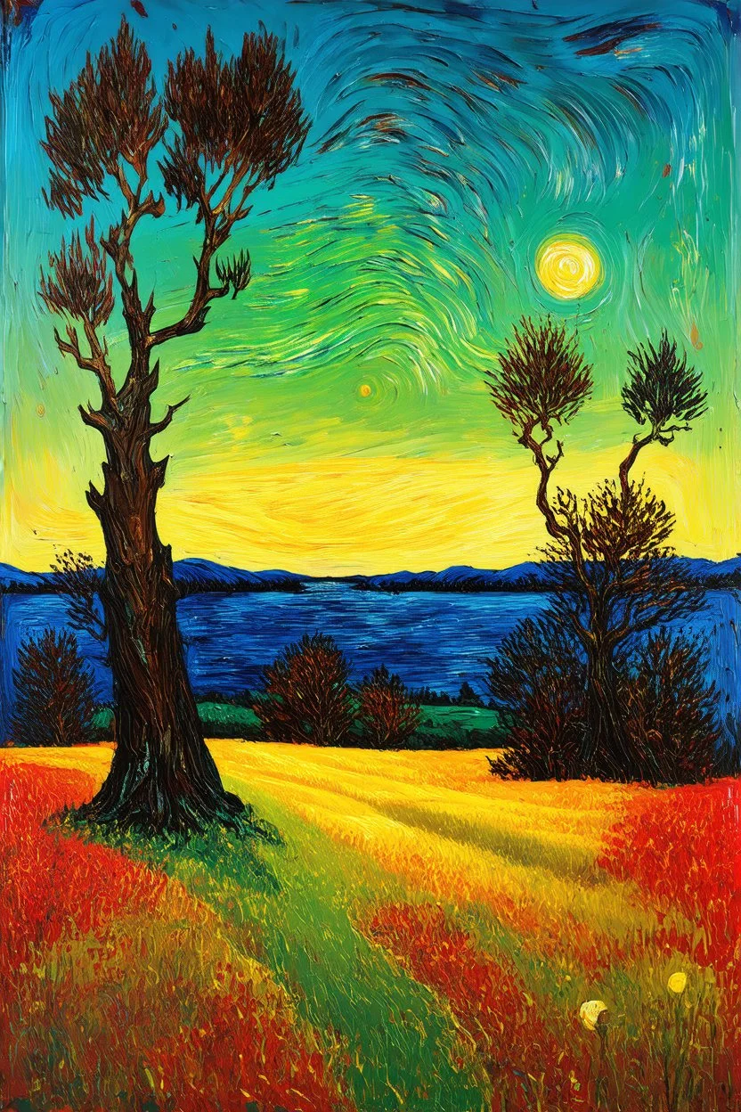 macabre; a sinister landscape painting in the style of Van Gogh