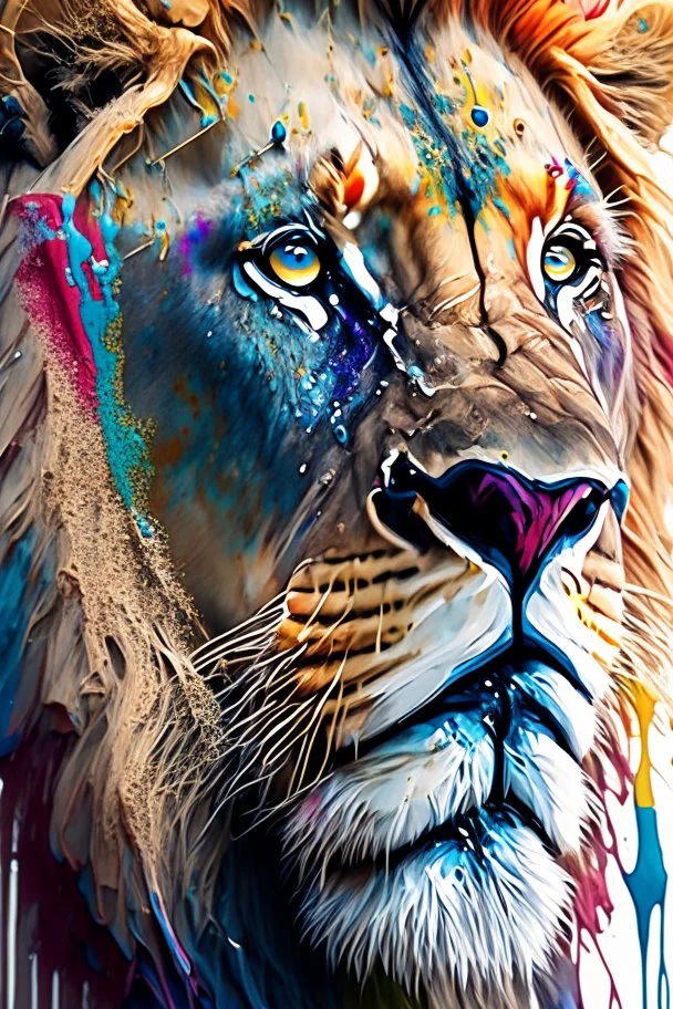 "lion", clean design, epic Instagram, art station, splash of colorful paint, contour, ((solid white background)), closeup, looking into camera, hyperdetailed intricately detailed, unreal engine, fantastical, cinema lighting, intricate detail, splash screen, complementary colors, fantasy concept art, 8k resolution, DeviantArt masterpiece, watercolor, paint dripping