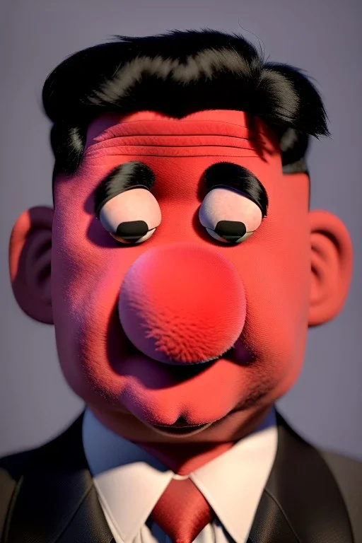 Waist up muppet Portrait, Kim Jong-un muppet doll, black suit, photo studio, red background, unreal engine 5, concept art, art station, god lights, ray tracing, RTX, lumen lighting, ultra detail, volumetric lighting, 3d.