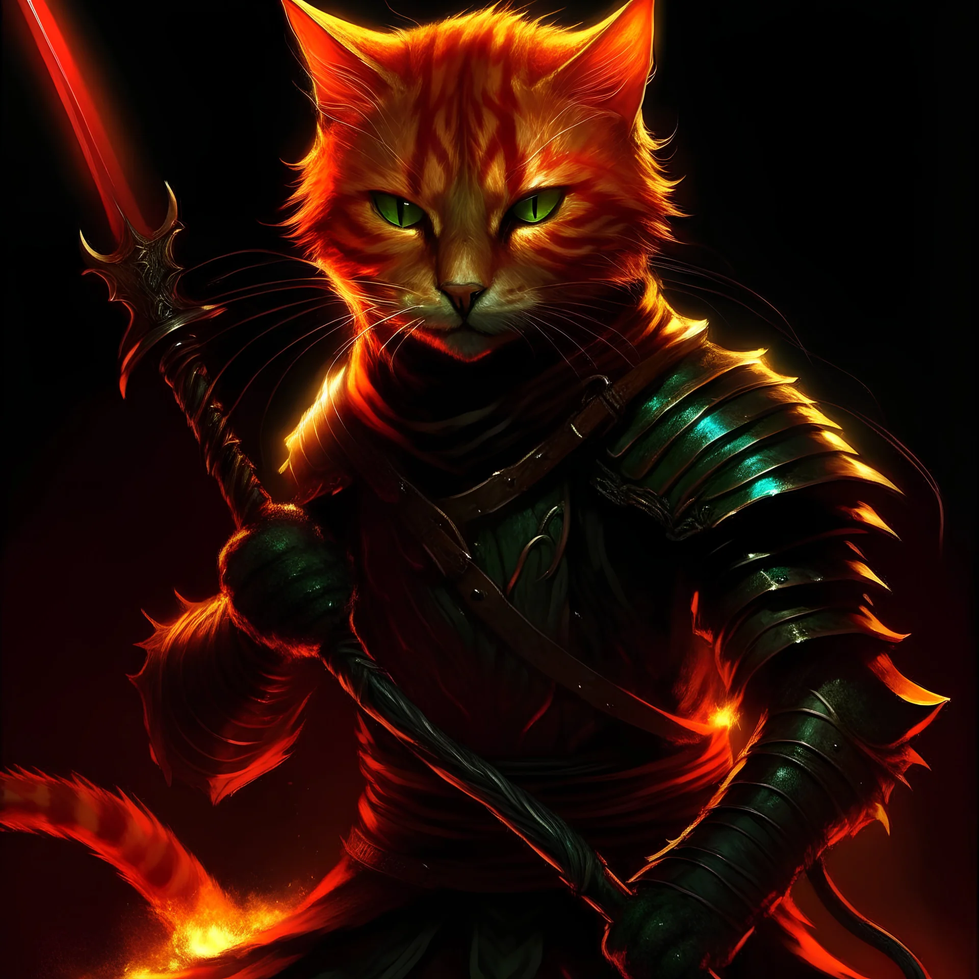 A realistic humanoid cat, sunset orange fur, blood red stripes, Wearing black leather armour, Wielding a rapier, grinning, Scar over right eye, Glowing green eyes, shrouded in shadows, combat pose in air, sparks and flames surrounding