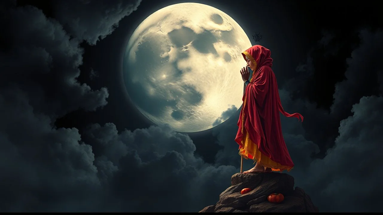 A detailed digital illustration of a newborn or enigmatic figure, both clad in vibrant costumes, standing amidst a black moon, with an ominous, cloud-filled sky. The scene, an ominous landscape, centers around awe-inspiring figures, adding a sense of allure to the mysterious scene. Create a kaleidoscope of life and destruction, capturing a moment of silent contemplation perched upon the birth of a lighthouse.