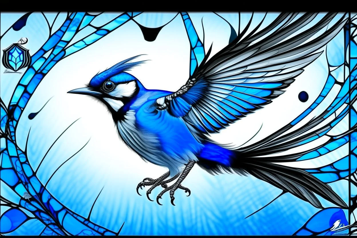 vitrail d'un geai bleu ailes déployées cyberpunk
