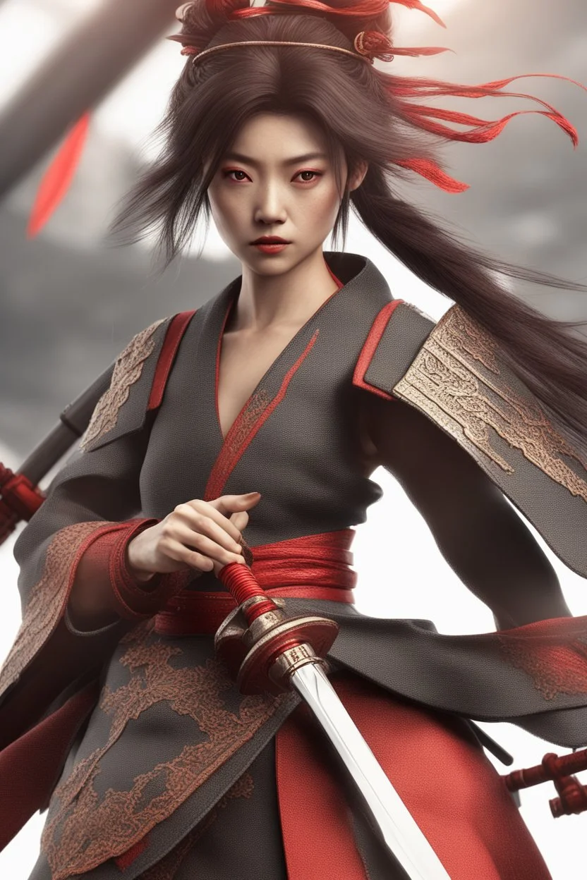 woman samurai red sword 3d render photo, cinematic