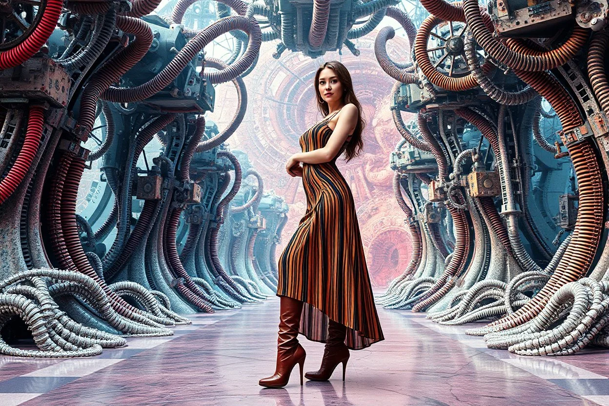 beautiful full body with long boots and midi dress lady in surreal stage made of fractal random size mechanical structures with helical strip colors,geers, in clothing similar to environment full body posing to camera