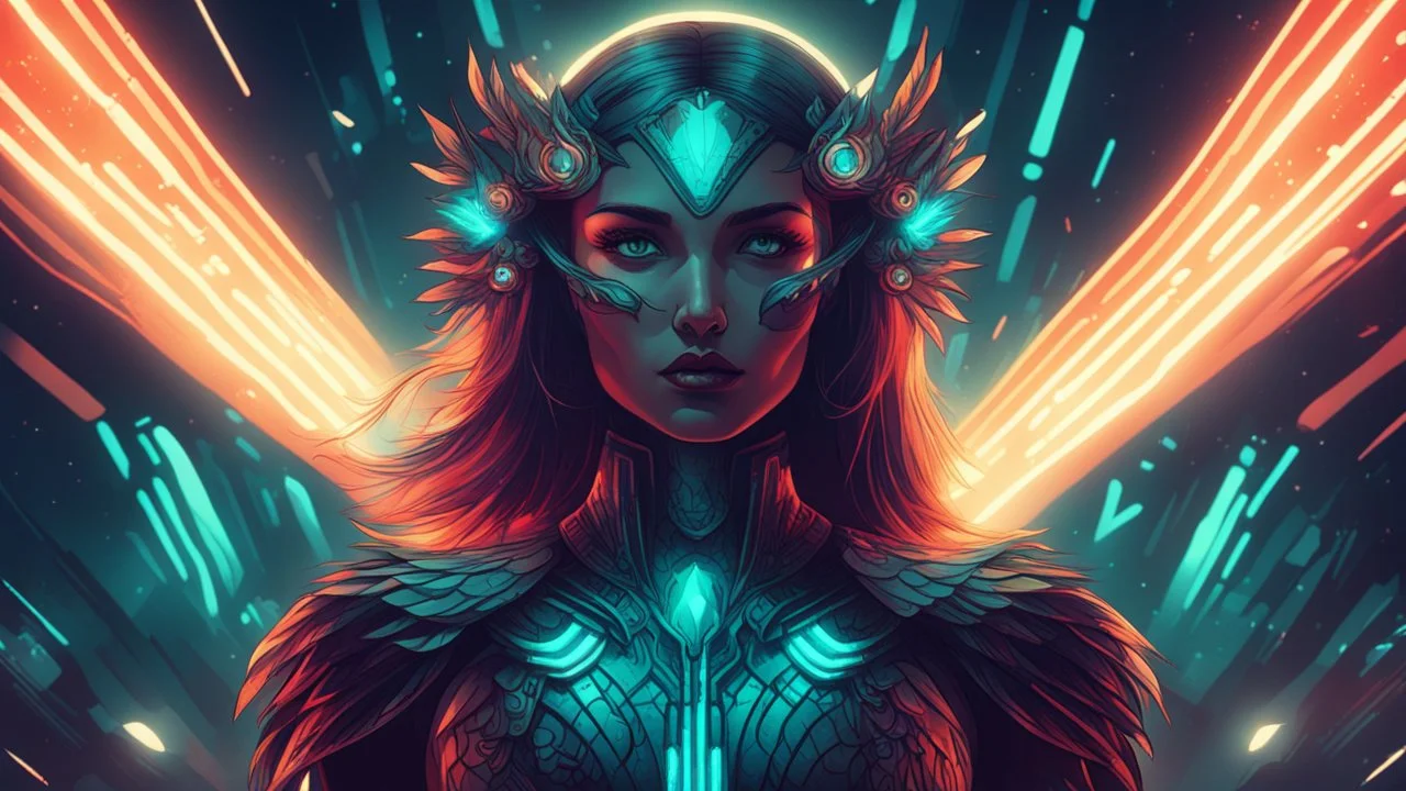 Lady Hawk under eerie glowing lights in panfuturism art style