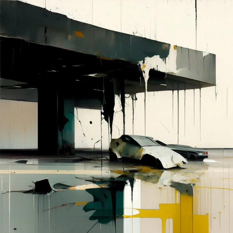 Empty Minimal contemporary abstract flat landscape painting. Concrete carpark. Big brushstrokes. Twisted fragments of bodies. Drips of paint. style of Justin Mortimer and Adrian Ghenie.