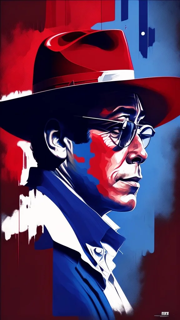 Gustavo Petro, comic style artwork, dark red and blue, wearing a wide-brimmed hat, wearing a white shirt, serious and thoughtful, full body