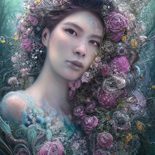 Insanely detailed photograph of an “portrait of gorgeous spring goddess ” with intricate hair, intricate embroidered dress, beautiful clear face and hyperdetailed painting by Ismail Inceoglu Huang Guangjian and Dan Witz CGSociety ZBrush Central fantasy art album cover art,8K, hdr, romantic, mysterious, ominous, beautiful flowers, jewelry, comfort, natural eyes, "arms open for embrace", naked,tasteful