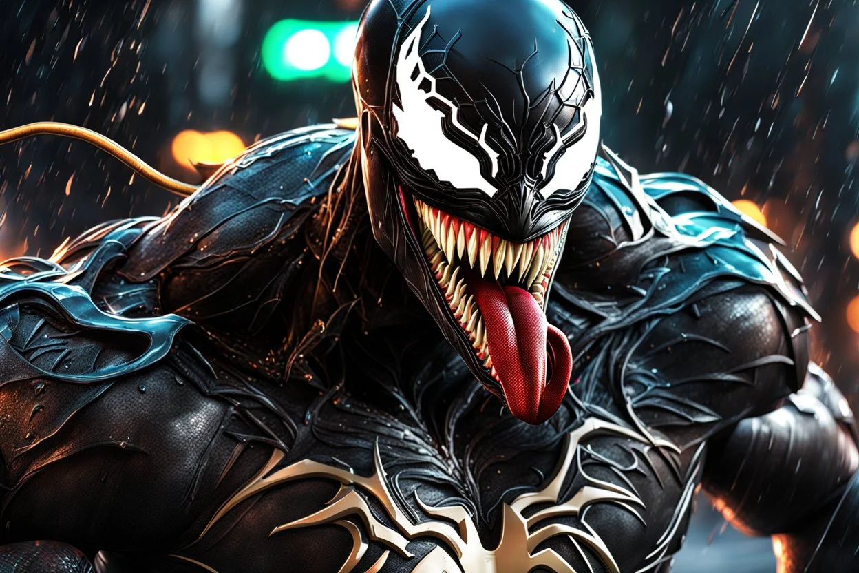 Venom in 8k cgi game drawing style, spawn them, close picture, rain, neon, intricate details, highly detailed, high details, detailed portrait, masterpiece,ultra detailed, ultra quality