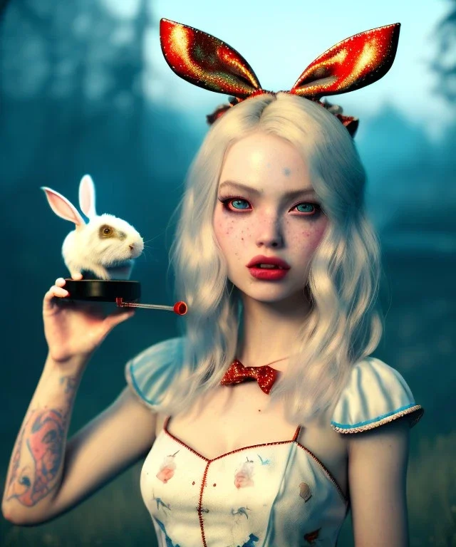 Ultra realistic wonderland photo, hot, happy blonde Alice woman and white rabbit smoking a pipe, blue dress, circus dress style, black headband with bow, old school tattoo, smoke, marijuana garden, glow eyes, perfect iris, soft color, highly detailed, unreal engine 5, ray tracing, RTX, lumen lighting, ultra detail, volumetric lighting, high definition.