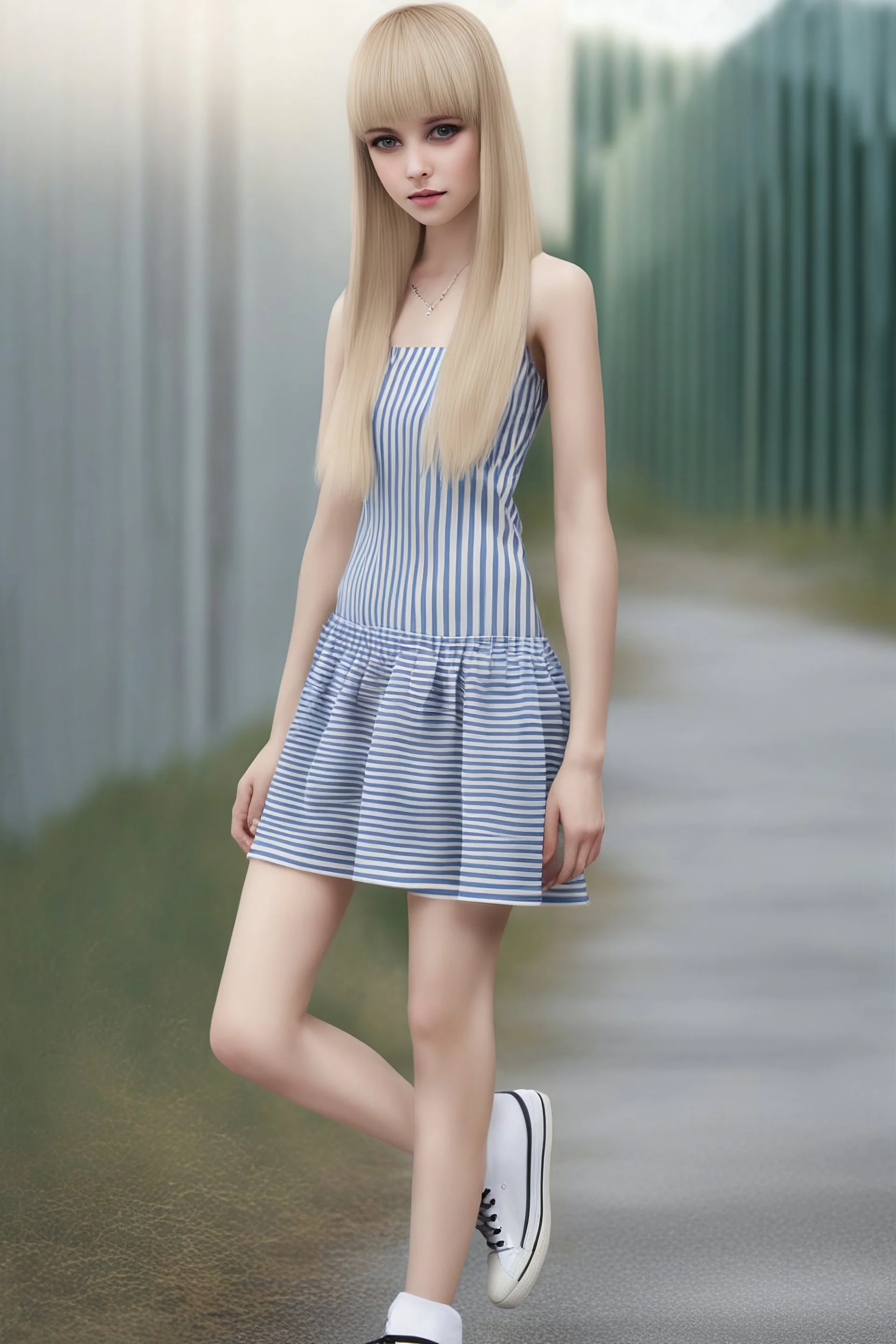 General Fast V2 (Flux), Create a realistic image of a female with long, straight blonde hair, the bangs cut straight across the forehead, hazel eyes, wearing a sleeveless, strapless, blue and white-striped nylon extremely short mini dress with a plunging neckline, knee high white socks and black converse tennis shoes, happy facial expression