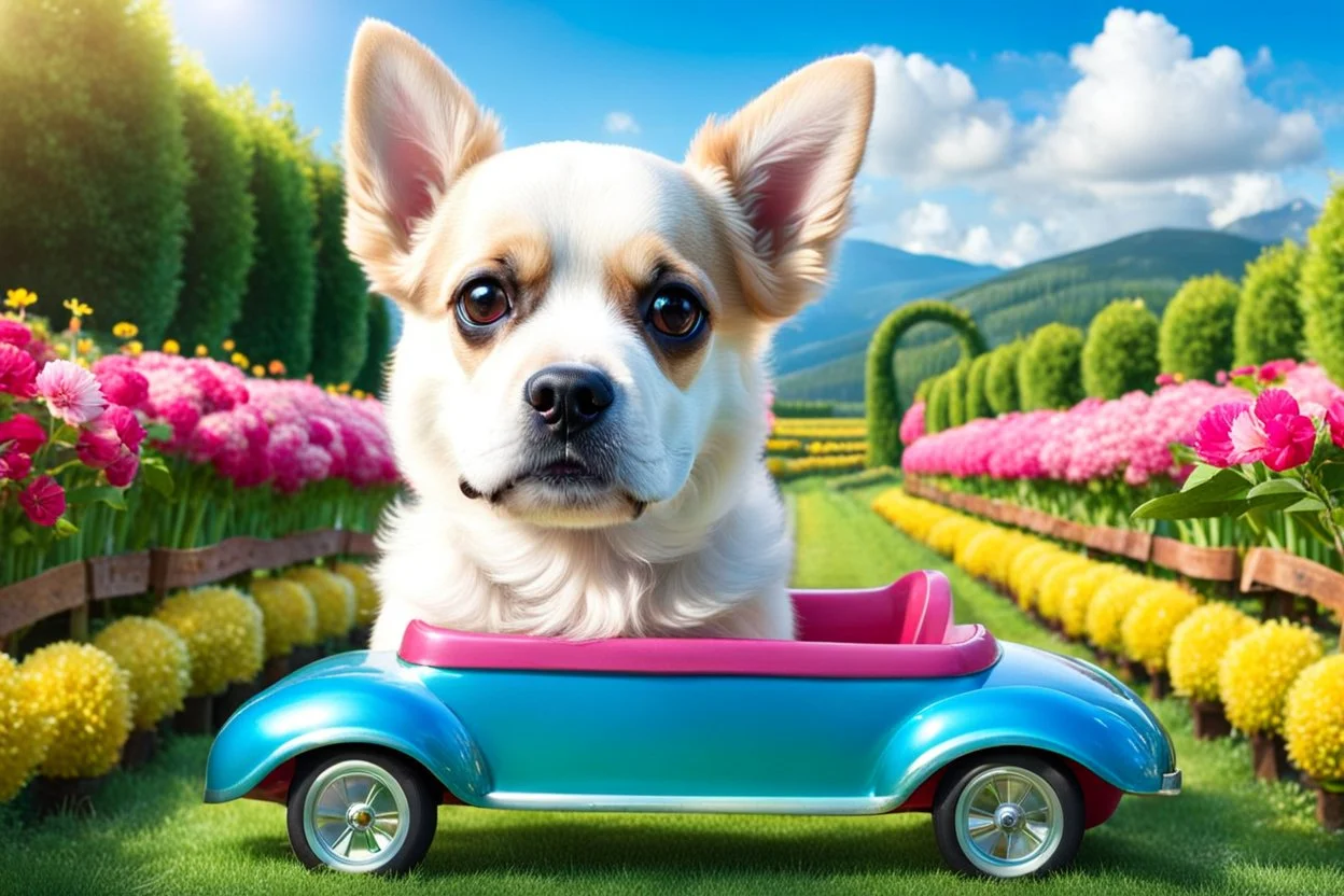 Here is the translation to English: "A beautiful dog with a human face sitting in a toy car in a flower and tree farm"